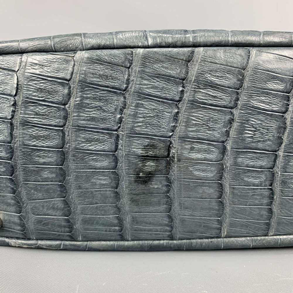 Muted Blue Grey Crocodile Skin Leather Top Handle Handbag - Picture 9 of 11